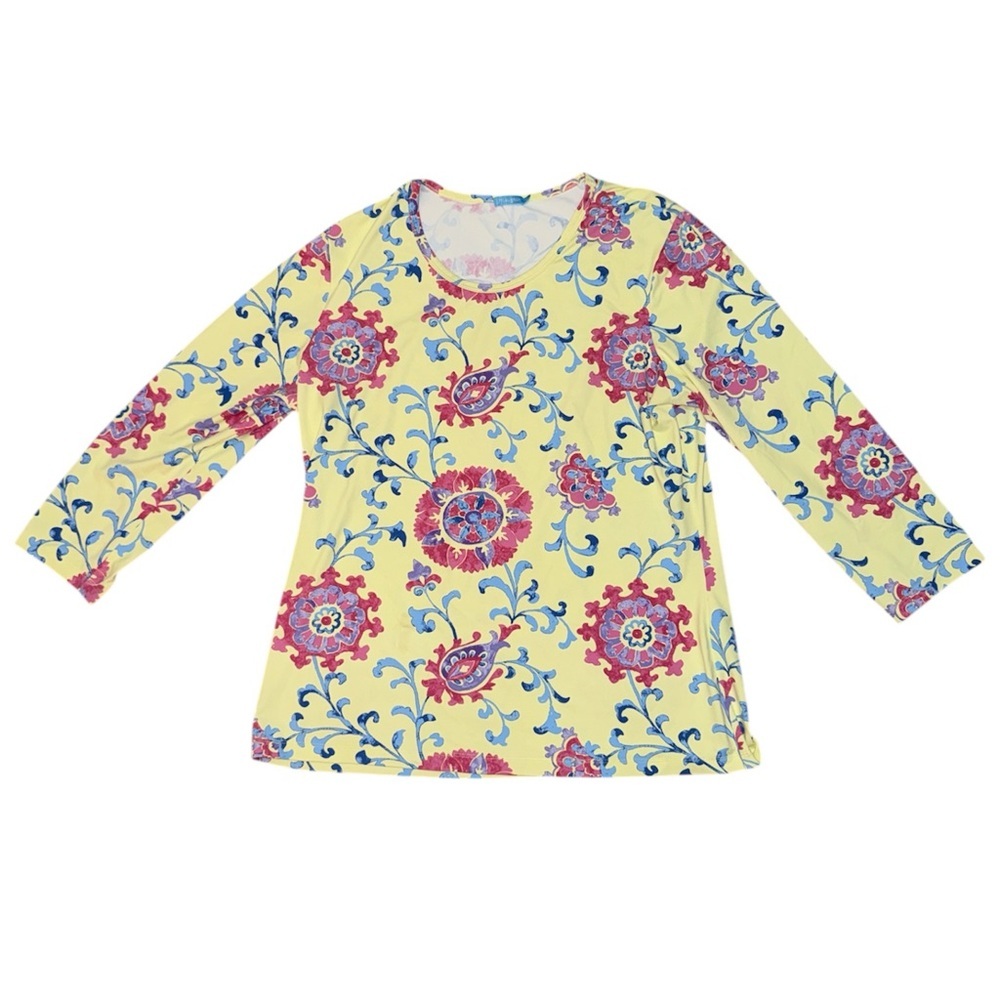 J.McLaughlin pink blue yellow floral pattern long sleeve blouse women’s size XL